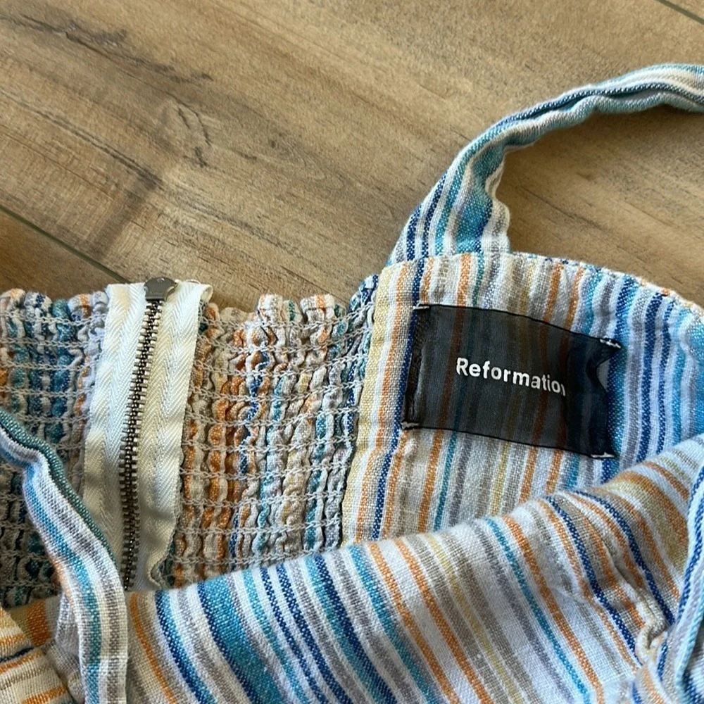 Reformation Island Linen Romper in Marbella Striped Multi Color Size 4